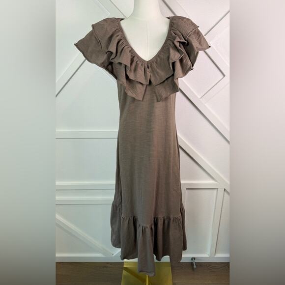 Sedge Apparel Dresses & Skirts - S’Edge Ruffle V-Neck Cotton Midi Dress Brown Taupe Soft Knit Tiered Hem Size M